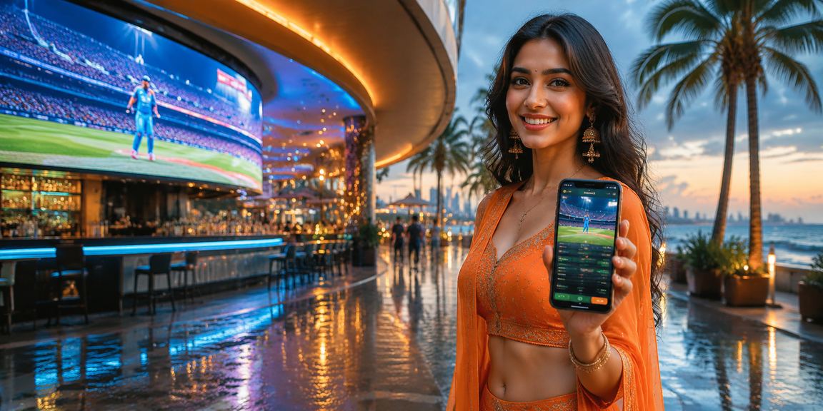 Live cricket betting neon lights India scene with rosters
